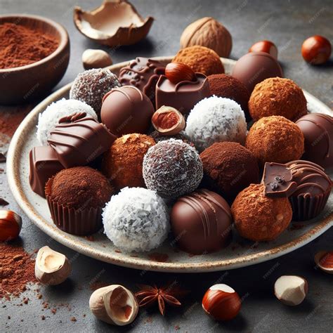 Trufas de chocolate variadas, algunas cubiertas de cacao en polvo y otras con glaseado.
