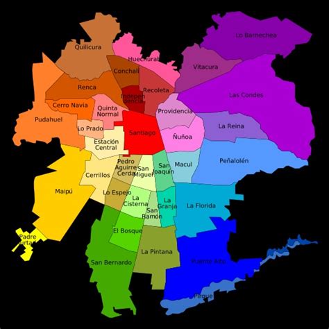 Mapa de Santiago de Chile destacando la comuna de La Granja y sus límites.