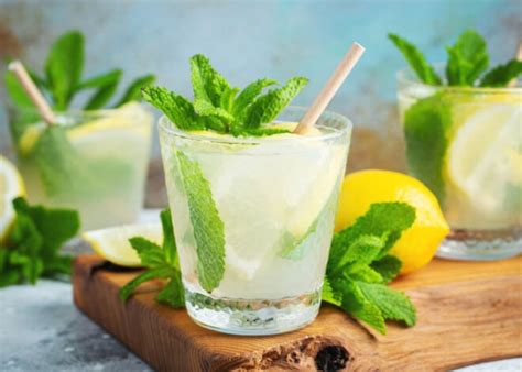 Mojito vegano sin alcohol con hojas de menta y rodajas de lima