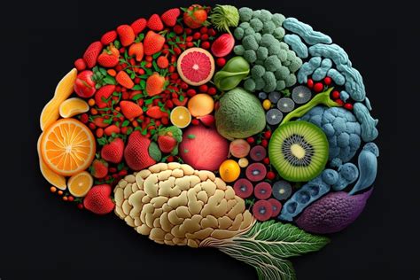 Ilustración que muestra un cerebro humano y alimentos saludables