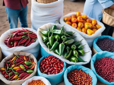 variedad de ajíes y cebollas en un mercado