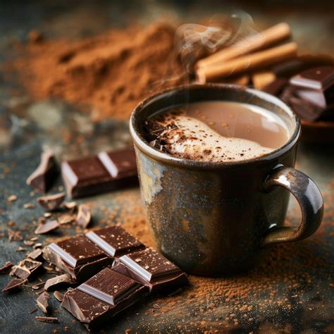 Fotografía de una taza humeante de chocolate caliente dominicano, decorada con canela y quizás un trozo de chocolate.