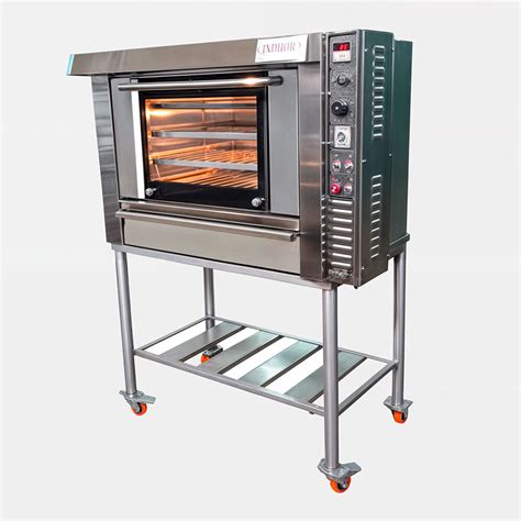 Esquema de un horno pastelero mostrando el flujo de aire caliente y el sistema de calor envolvente en su cámara de cocción.
