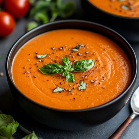 Primer plano de una sopa de tomate cremosa servida en un tazón, decorada con queso fresco y hierbas