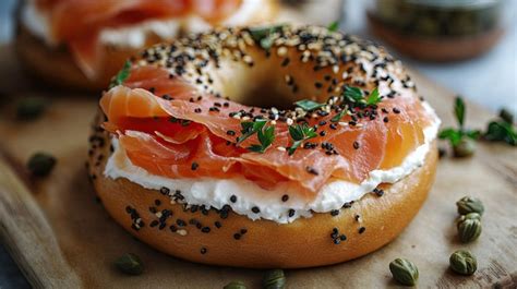 Bagel salado relleno con queso crema, salmón ahumado y cebolla