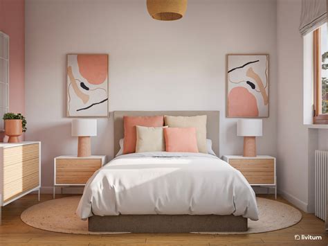 Habitación decorada con tonos pastel y acentos en madera