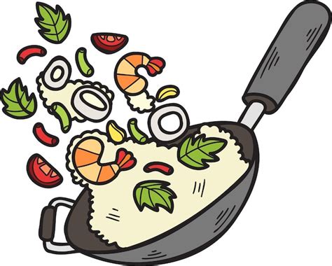 Ilustración de un wok con arroz frito humeante y diversos ingredientes