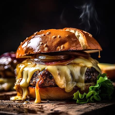 hamburguesa gourmet con queso camembert fundido y acompañamientos