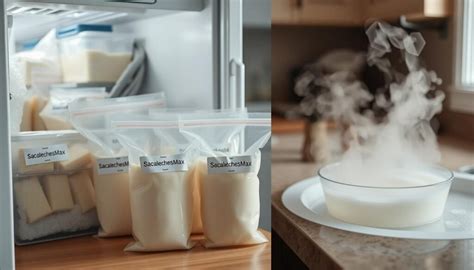 Foto de envases de leche materna congelada y etiquetada en un congelador