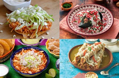 Fotografía de un surtido de platillos tradicionales mexicanos, incluyendo mole, chiles en nogada y chocolate caliente