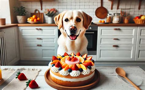 Ilustración de un perro feliz recibiendo un pastel casero.