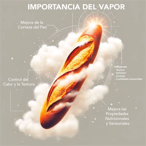 Esquema explicando la importancia del vapor en el horneado del pan, mostrando cómo afecta la corteza y el volumen