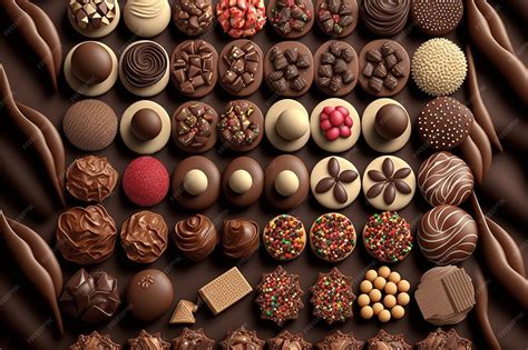 Ilustración de varios bombones de chocolate con diferentes formas y decoraciones, cada uno con un pequeño cartel con un nombre creativo.