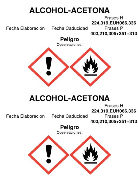 Pictograma GHS de llama y exclamación para acetona