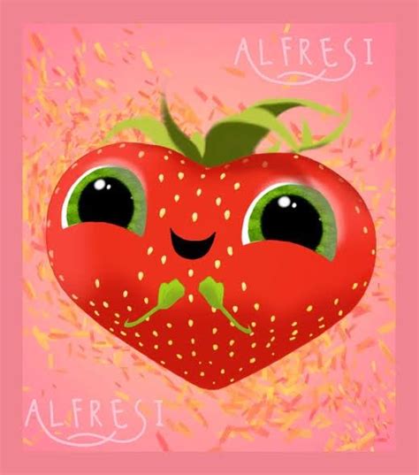 Ilustración de Lagrimita (Alfresi), la fresa grande con ojos y extremidades de hoja