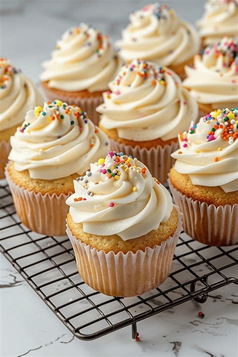 Fotografía de cupcakes decorados con diferentes tipos de frosting y sprinkles