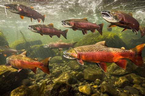 Ilustración de varios salmones nadando en un río