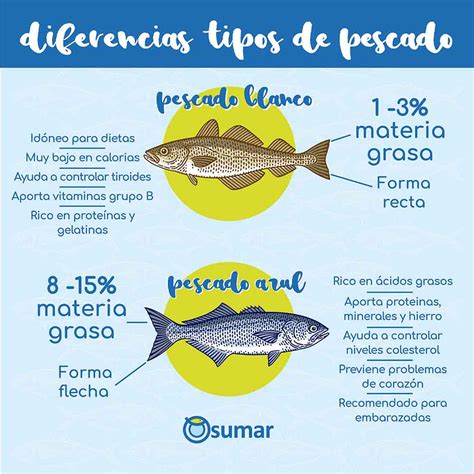 Infografía comparativa de calorías en pescados blancos y azules