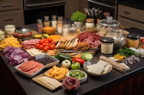 Mesa con todos los ingredientes organizados para preparar carne mechada y el sándwich