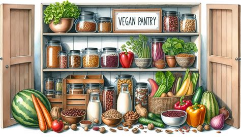 Infografía con los ingredientes esenciales para una despensa vegana, dividida por categorías: proteínas, granos, semillas, frutas y verduras.