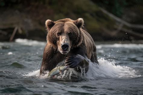 Oso pescando salmón en un río