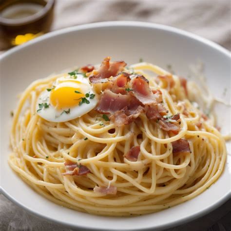 Plato de pasta carbonara con panceta crujiente