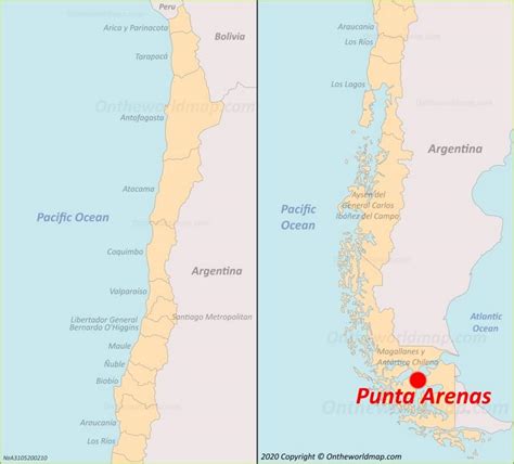 Mapa de Chile con la ubicación de Punta Arenas y las ciudades con sucursales del Kiosko Roca