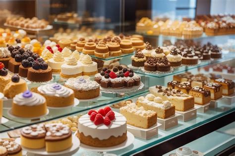 Foto de una vitrina de pastelería con postres variados, algunos etiquetados como 