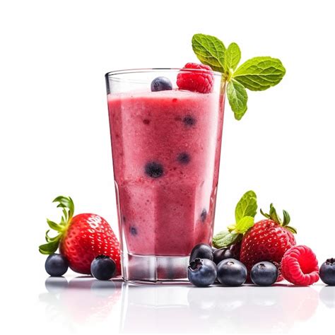 Imagen de un vaso de jugo de arándanos y frambuesas con frutas frescas de fondo
