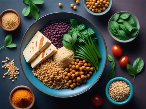 Variedad de legumbres, tofu y frutos secos como fuentes de proteína vegana