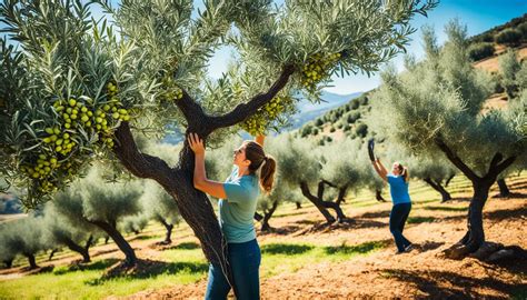 Recolección de aceitunas en la Antigua Grecia, con personas usando bastones