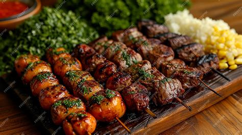 Foto de tablas de churrasco servidas con variedad de carnes y guarniciones