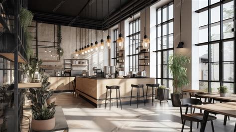 Interior de cafetería moderna con mesas y barra