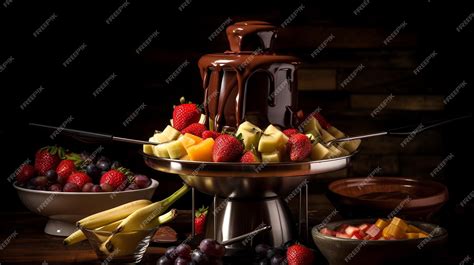 Imagen de una fuente de chocolate Recco doble en uso en un ambiente de fiesta, con frutas y bocadillos