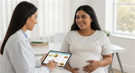 Mujer embarazada hablando con un nutricionista o médico sobre su dieta y alternativas a la leche.