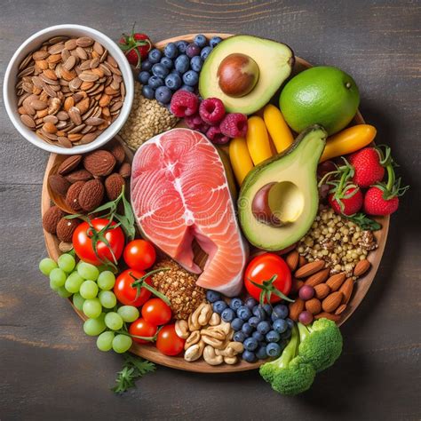 Plato con una variedad de alimentos saludables recomendados durante el embarazo: pescado, verduras de hoja verde, frutas, frutos secos.