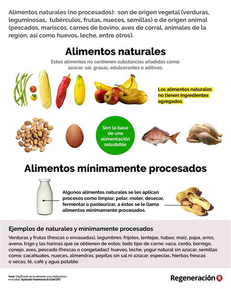 Esquema comparativo con ejemplos de alimentos mínimamente procesados, procesados y ultraprocesados