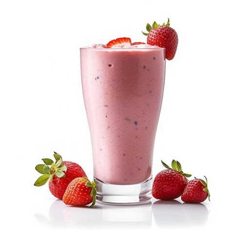 Foto de un vaso de batido de fresa y yogur, decorado con una fresa fresca y una hoja de menta
