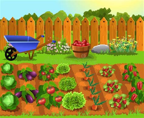 Ilustración de niños explorando una huerta llena de verduras y frutas.