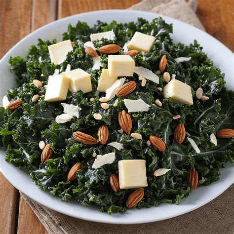 Plato de ensalada de kale masajeada con arándanos, queso feta y almendras