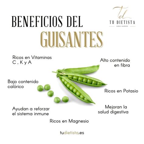 Infografía sobre los beneficios nutricionales de los guisantes, destacando vitaminas, minerales y fibra.