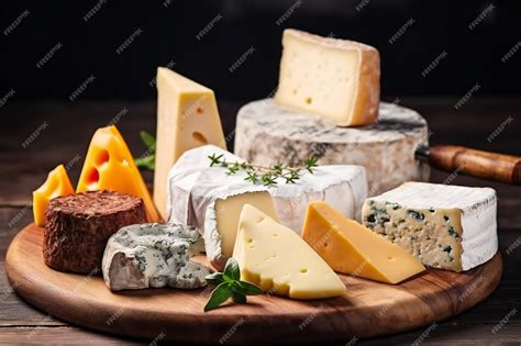 Foto temática de diferentes tipos de quesos en una tabla de madera