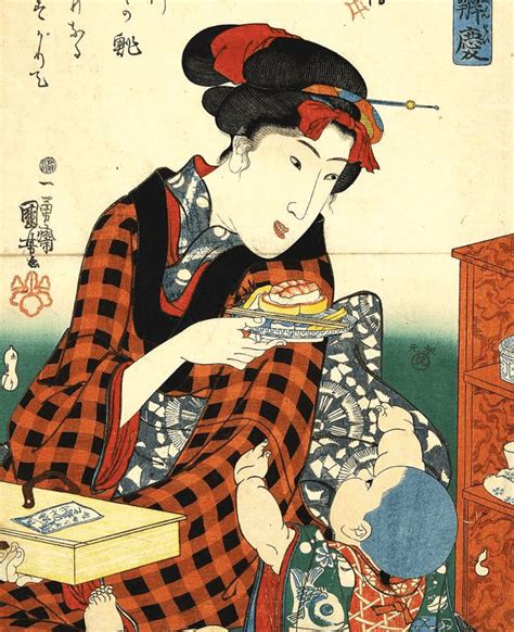 Ilustración histórica del chef Hanaya Yohei preparando nigiri