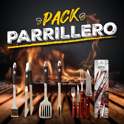 Set de herramientas básicas de un parrillero sobre una tabla de madera