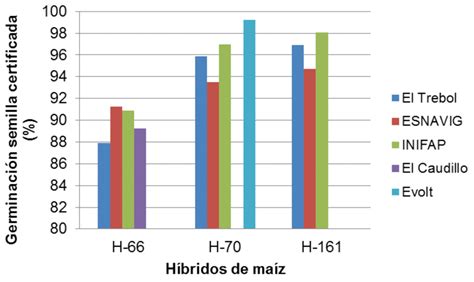Gráfico comparativo del porcentaje de nascencia de híbridos de maíz con diferentes niveles de estrés por temperatura.