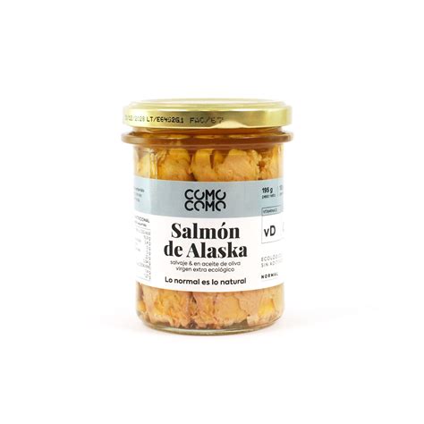 Variedad de envases de salmón salvaje de Alaska en conserva (latas, frascos).