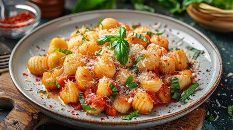 Foto de plato de gnocchi con salsa de tomate y albahaca fresca