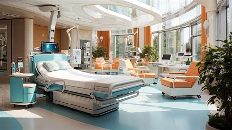 Esquema de un ambiente hospitalario adaptado para el cuidado del paciente postrado, con barandas en la cama y mobiliario accesible.