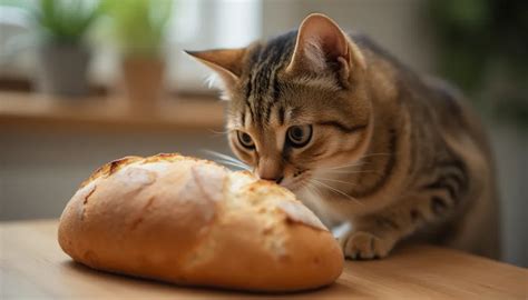 Gato mirando expectante a su dueño mientras come pan en la mesa