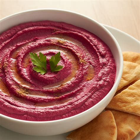 fotografía de hummus de remolacha y maíz decorado